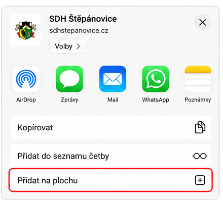 Volba Přidat na plochu v Safari na iPhonu
